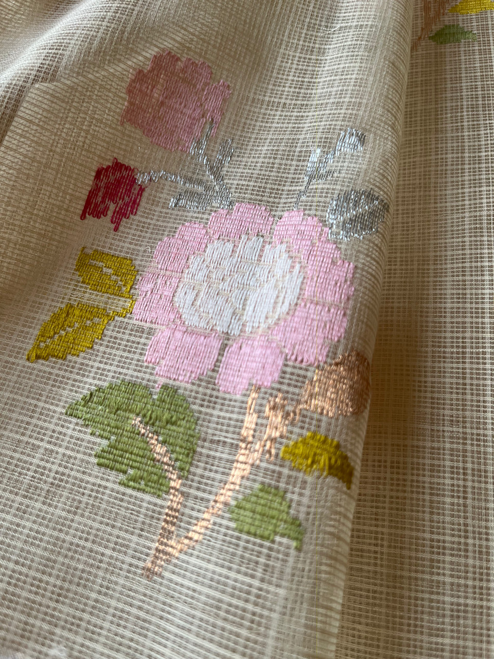 Kota Doria cotton-silk handloom saree with silver zari