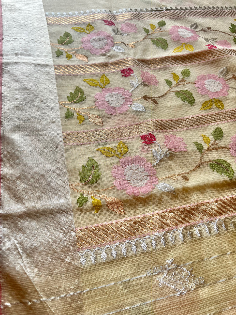 Kota Doria cotton-silk handloom saree with silver zari