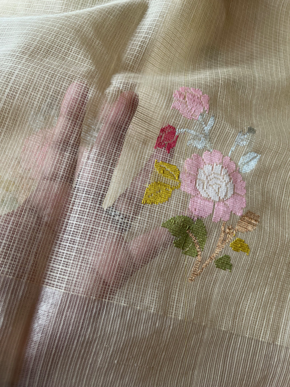 Kota Doria cotton-silk handloom saree with silver zari