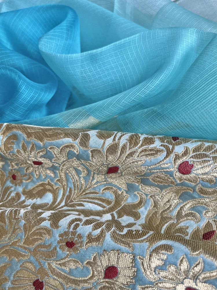 Image of Kota silk saree, with Banarasi brocade blouse fabric