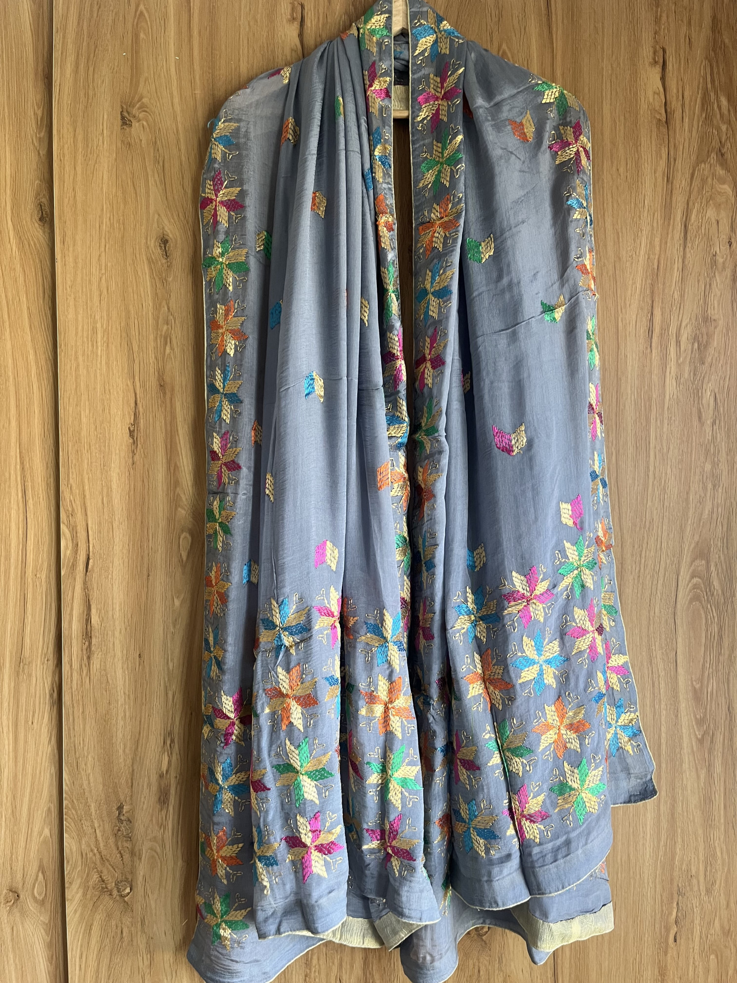 Phulkari hand embroidered semi-chinon dupatta