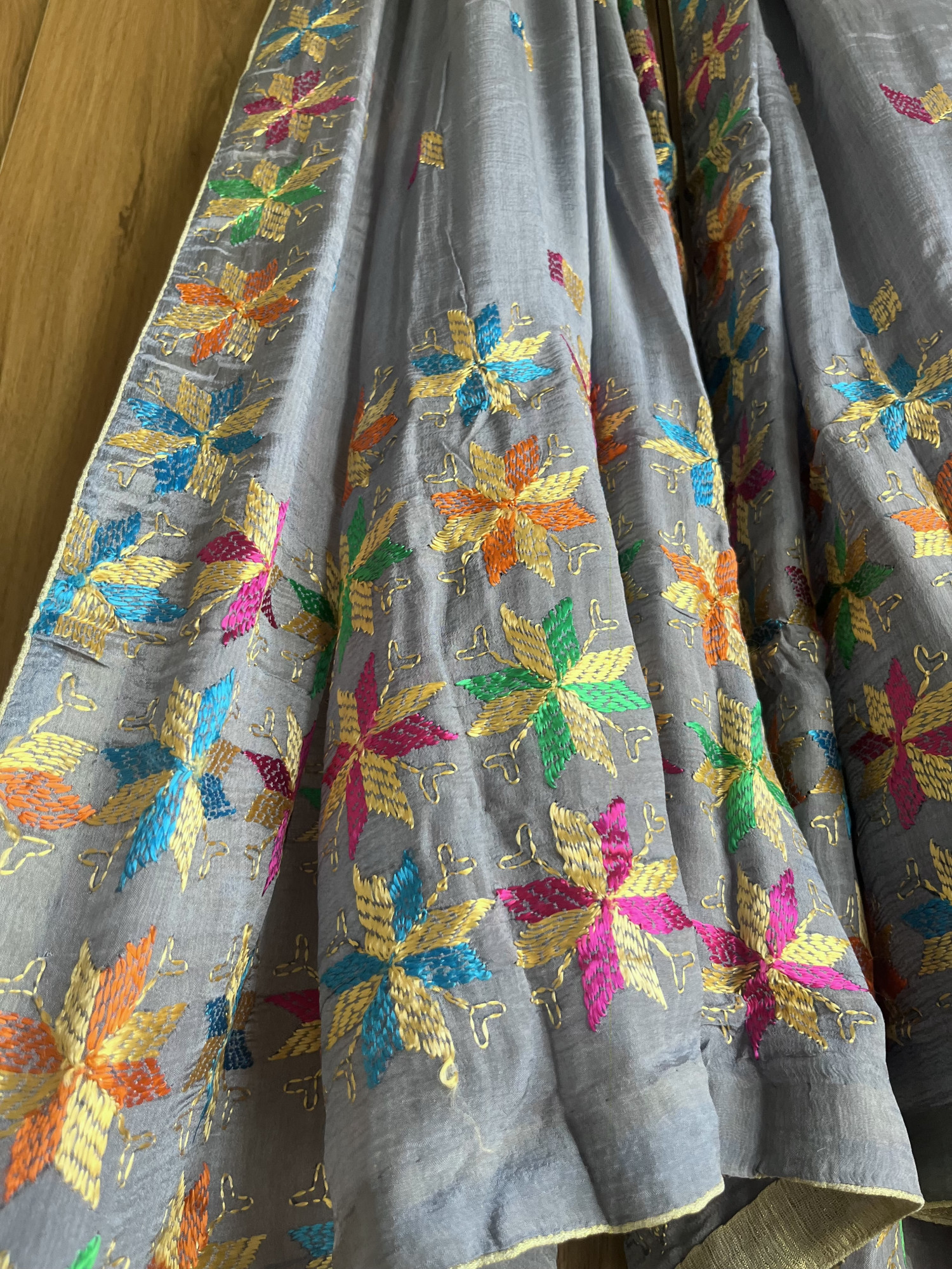 Phulkari hand embroidered semi-chinon dupatta