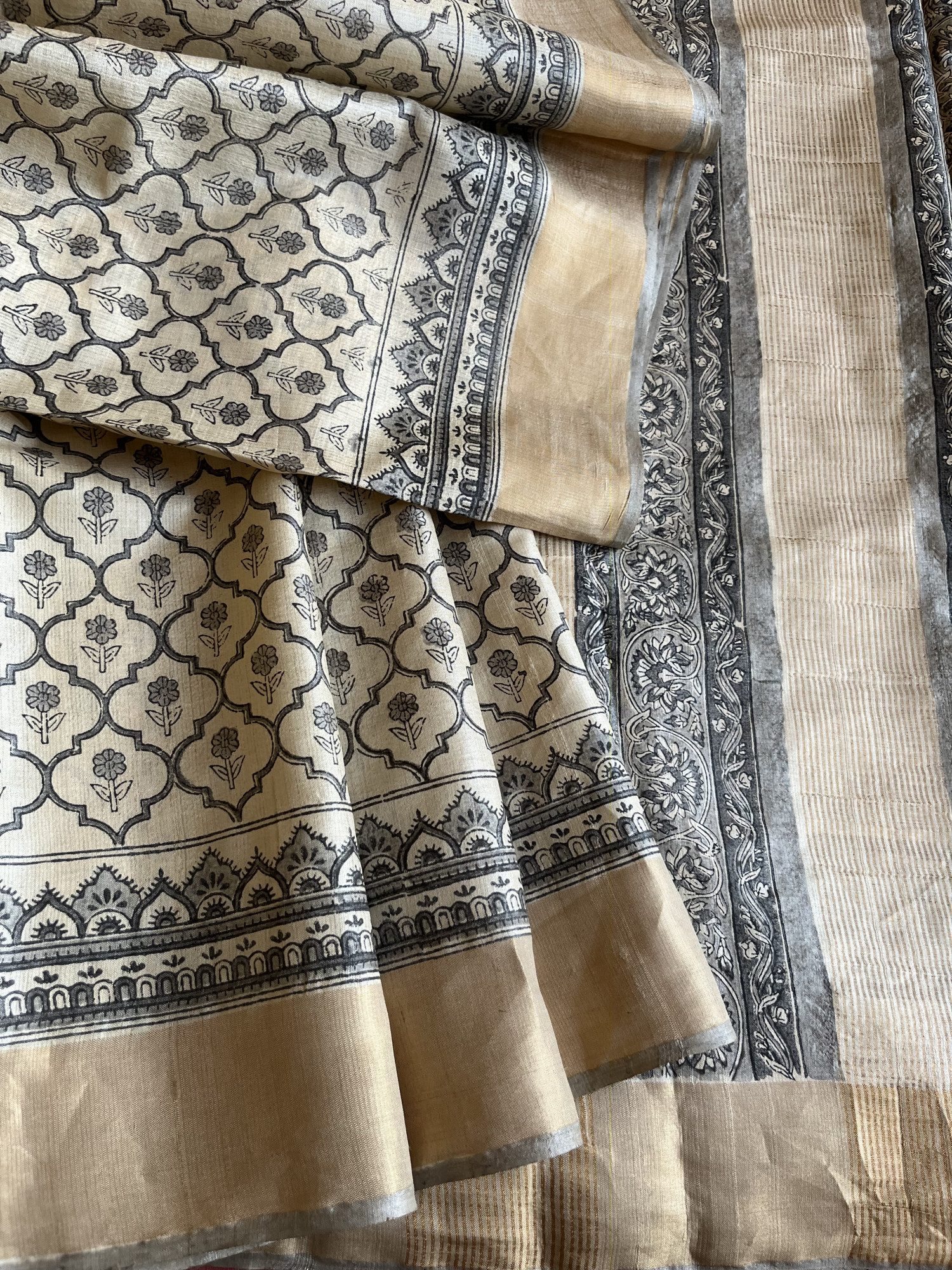 Bagru hand block printed Tussar silk saree