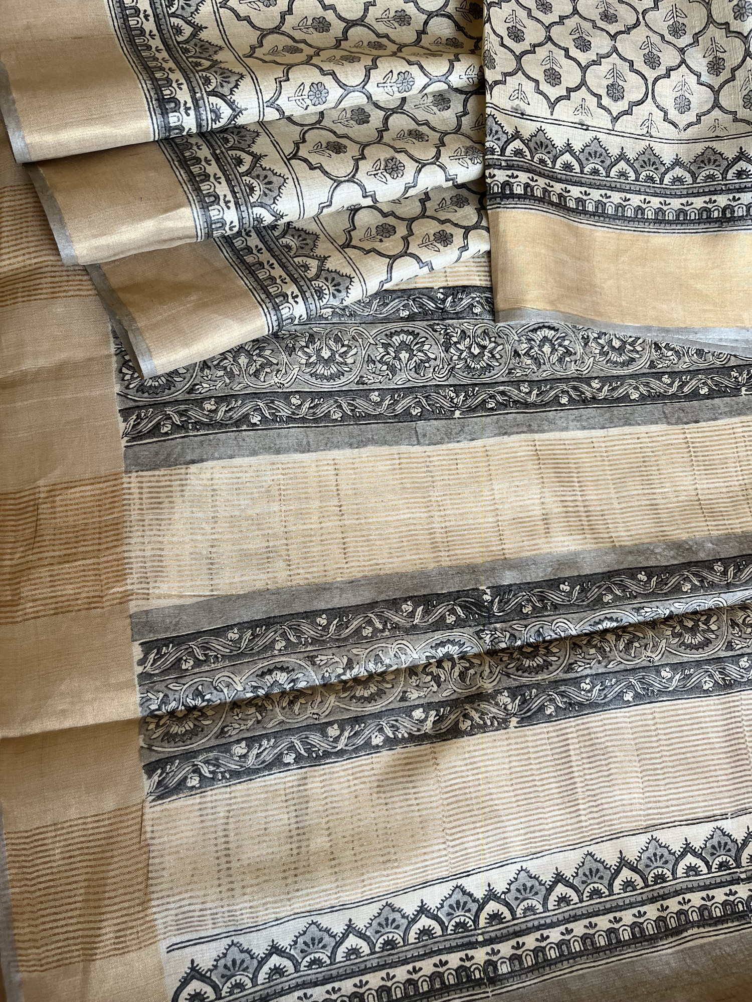 Bagru hand block printed Tussar silk saree