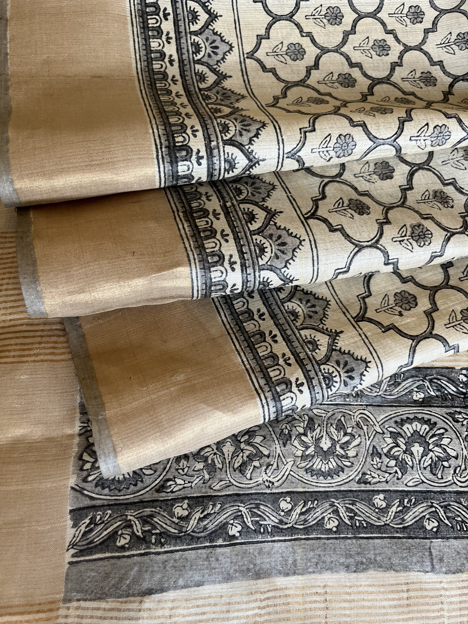 Bagru hand block printed Tussar silk saree