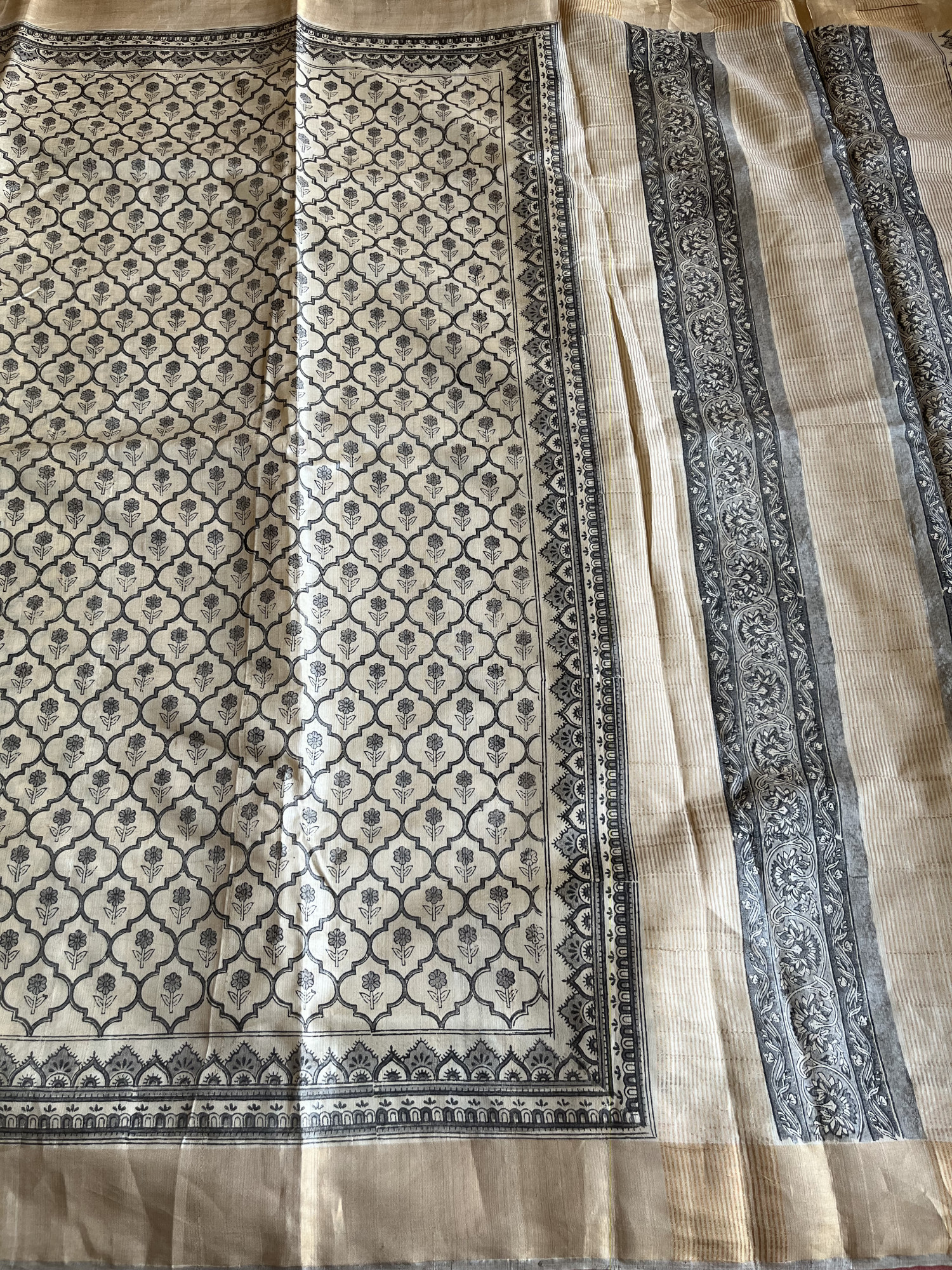 Bagru hand block printed Tussar silk saree