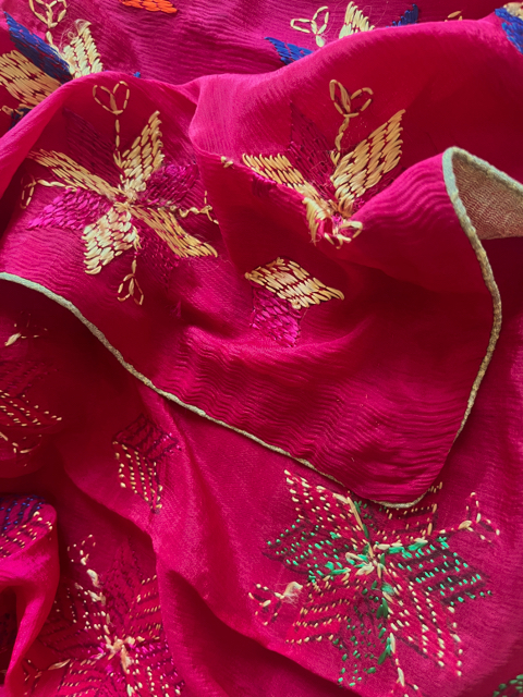 Phulkari hand embroidered chinon chiffon dupatta