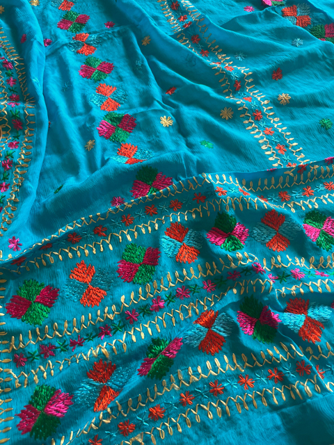 Phulkari hand embroidered chinon chiffon dupatta