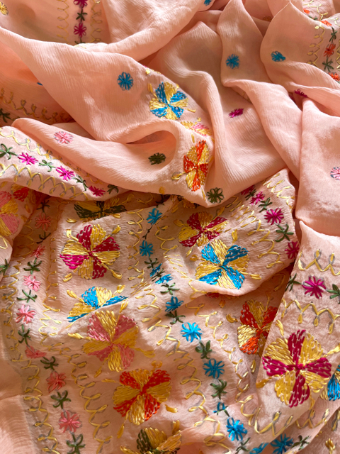 Phulkari hand embroidered chinon chiffon dupatta