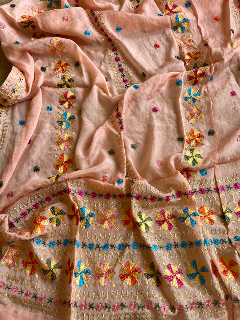 Phulkari hand embroidered chinon chiffon dupatta