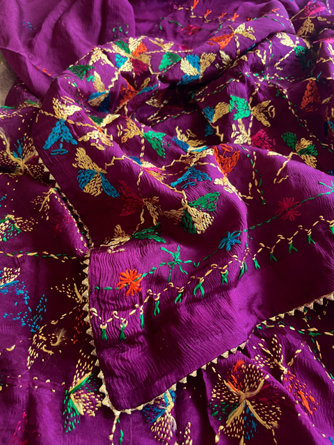 Phulkari hand embroidered chinon chiffon dupatta