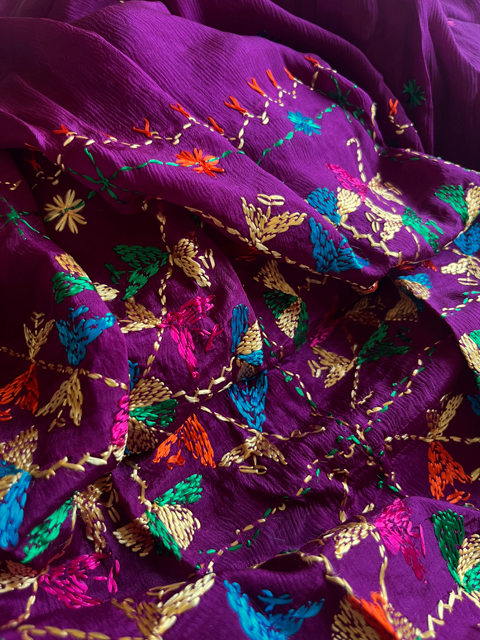 Phulkari hand embroidered chinon chiffon dupatta