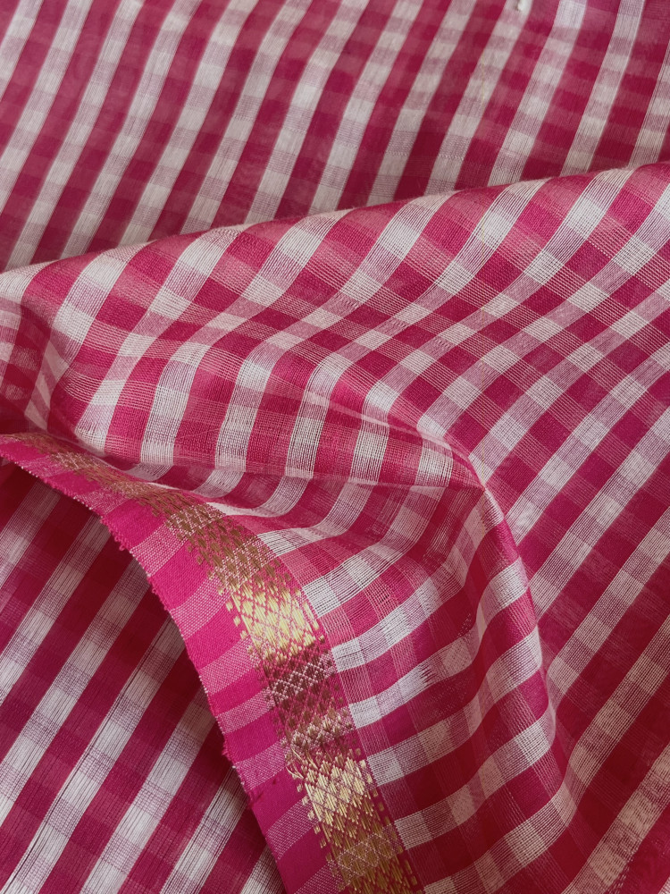Image of Maheshwari cotton-silk handloom saree (Bright pink)