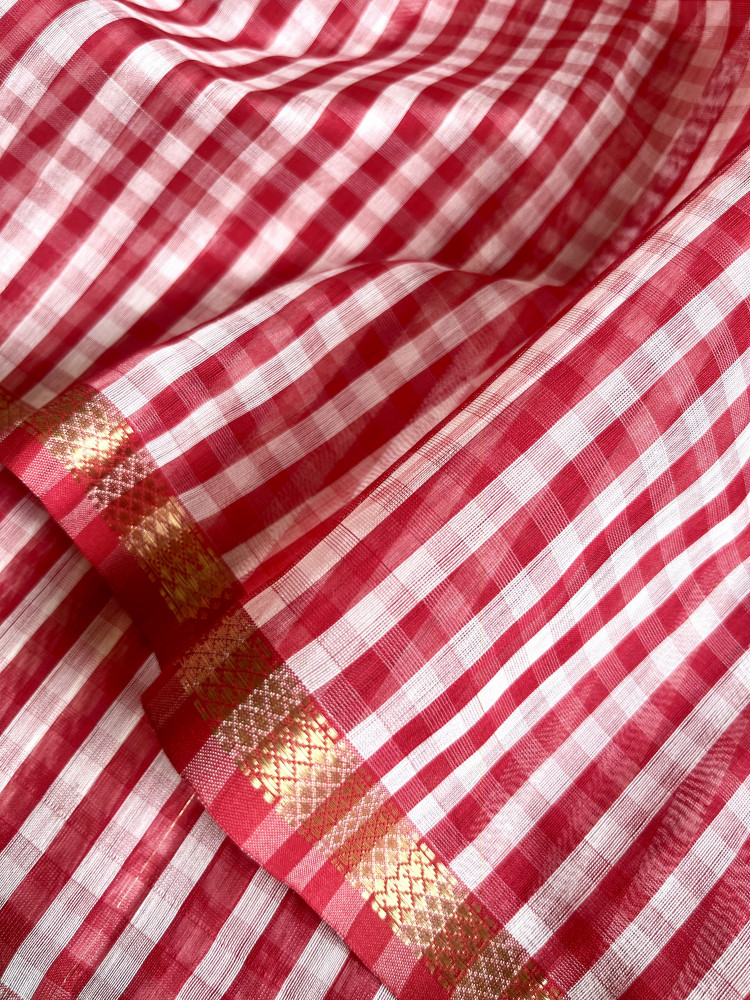 Image of Maheshwari cotton-silk handloom saree (Bright red)
