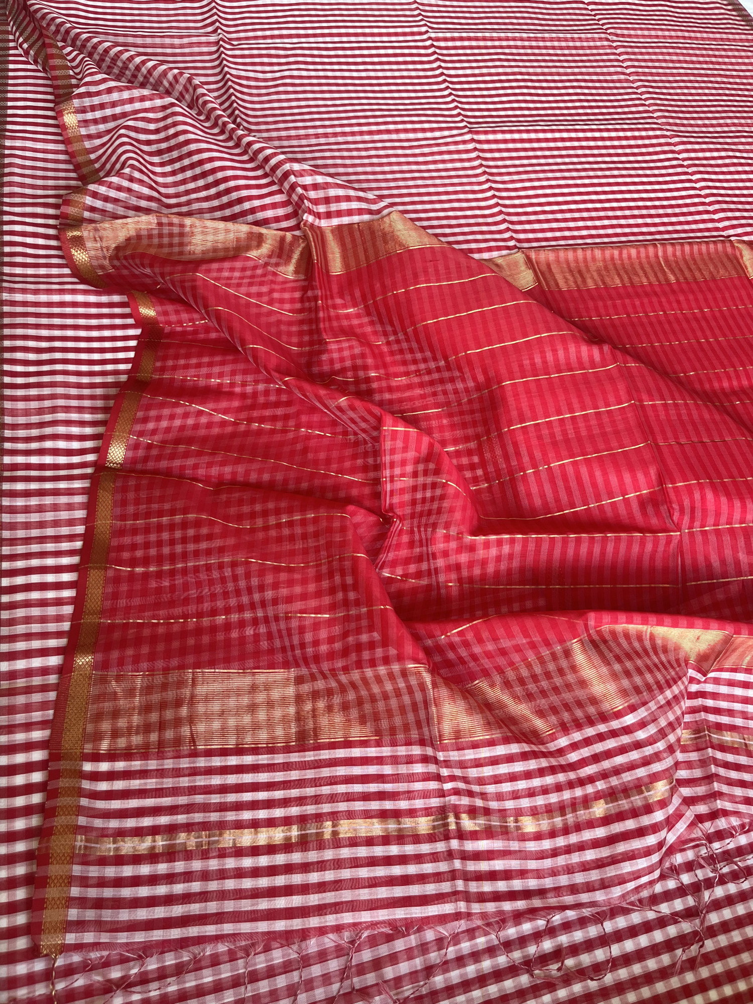 Maheshwari cotton-silk handloom saree Bright red