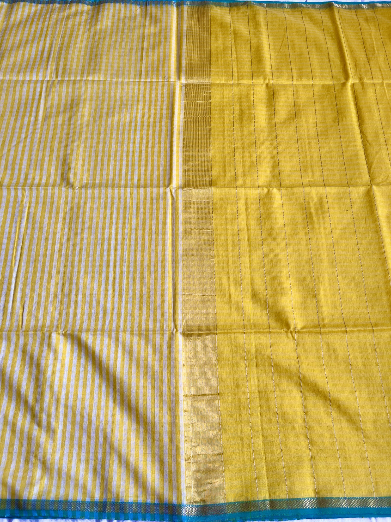 Maheshwari cotton-silk handloom saree Bright yellow turquoise