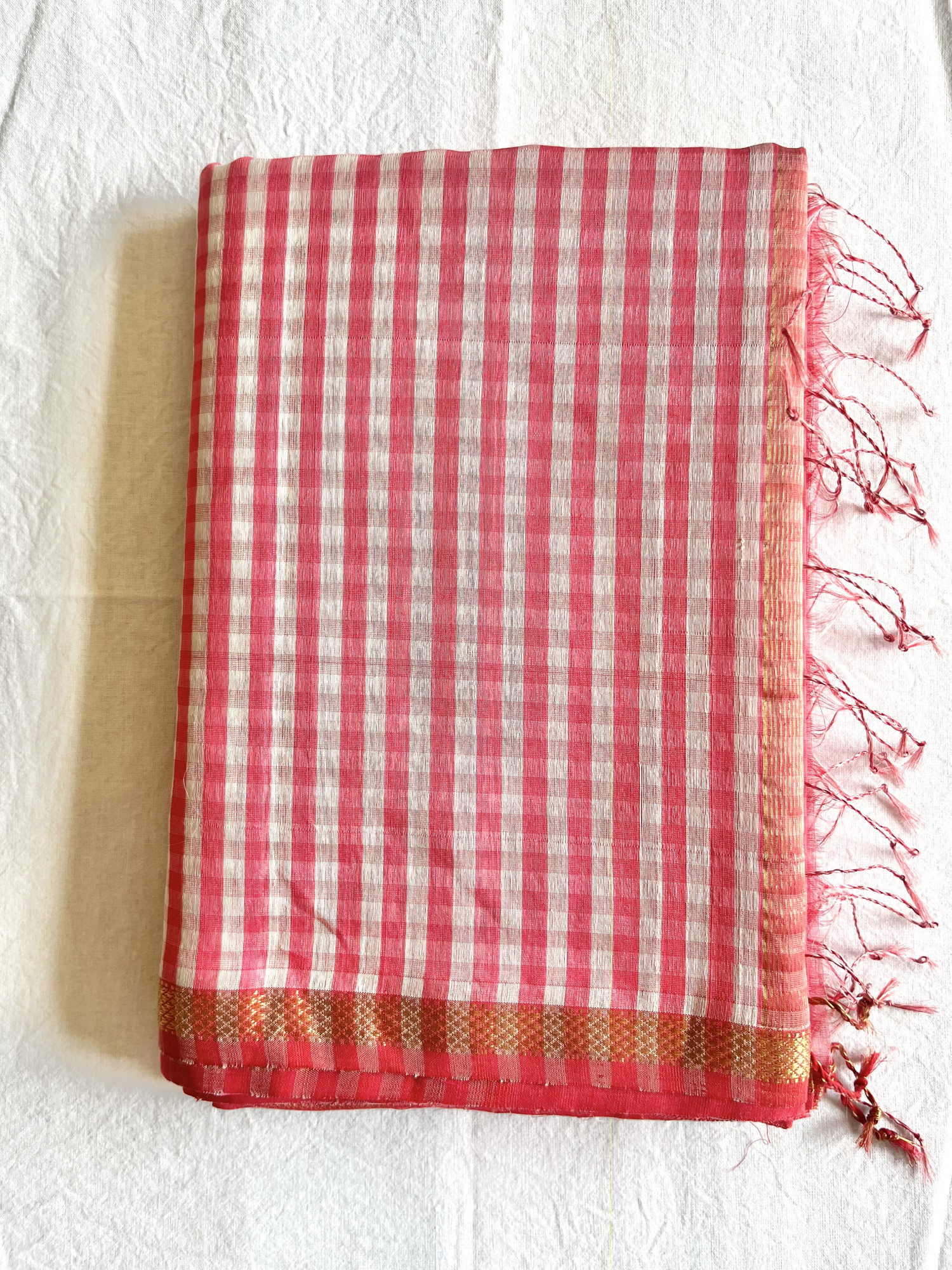 Maheshwari cotton-silk handloom saree Coral pink