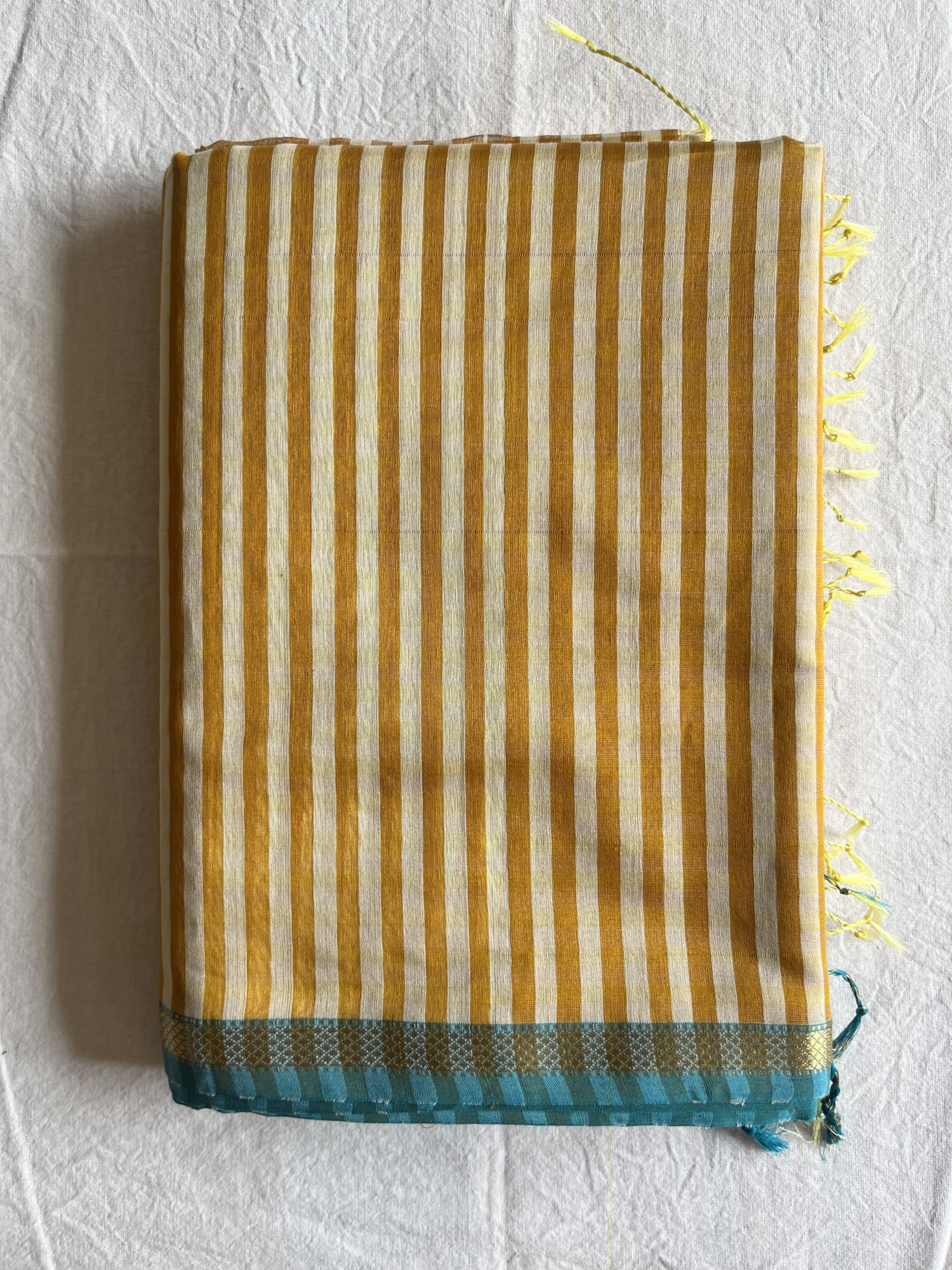 Maheshwari cotton-silk handloom saree Ochre turquoise