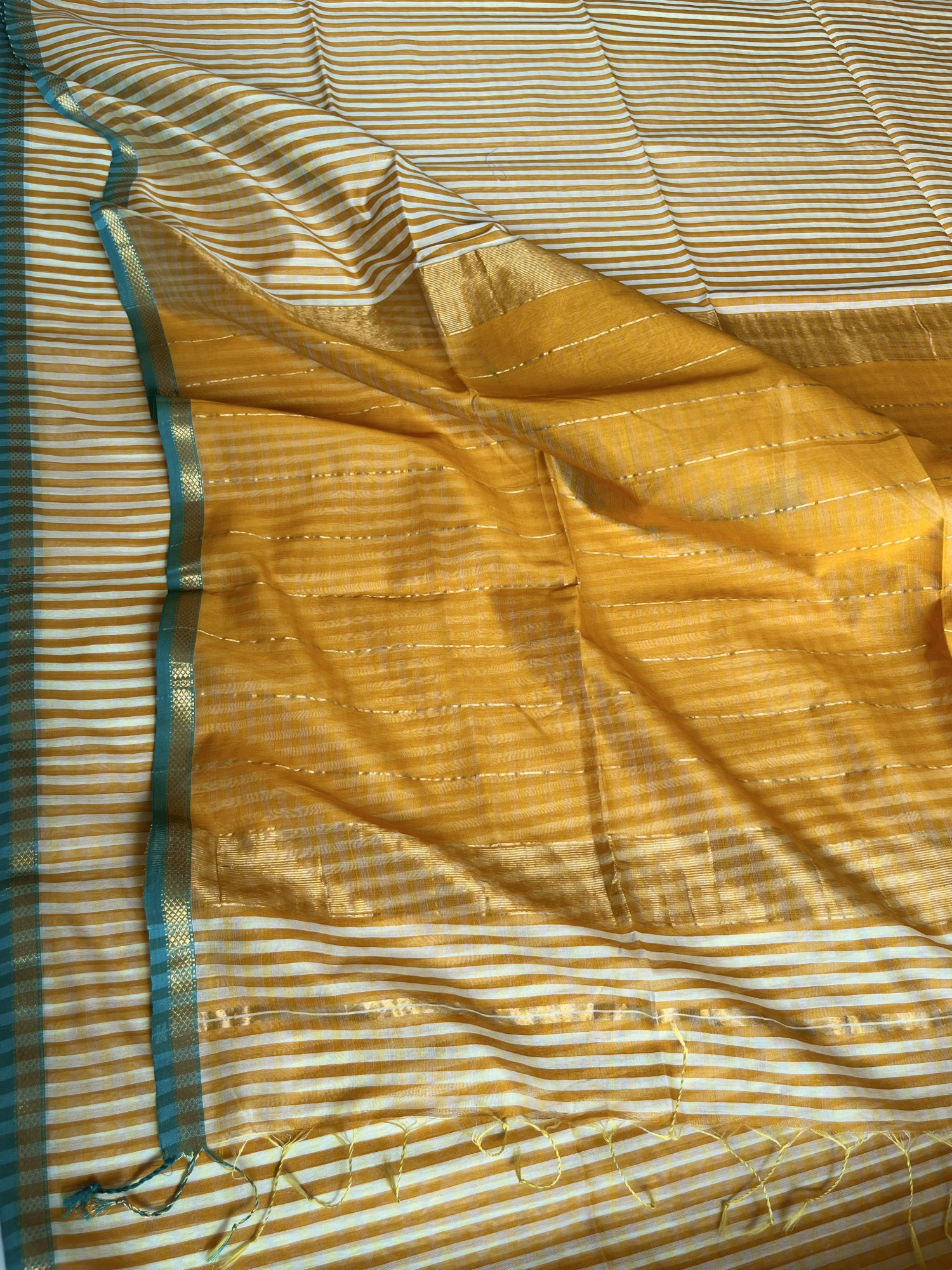 Maheshwari cotton-silk handloom saree Ochre turquoise