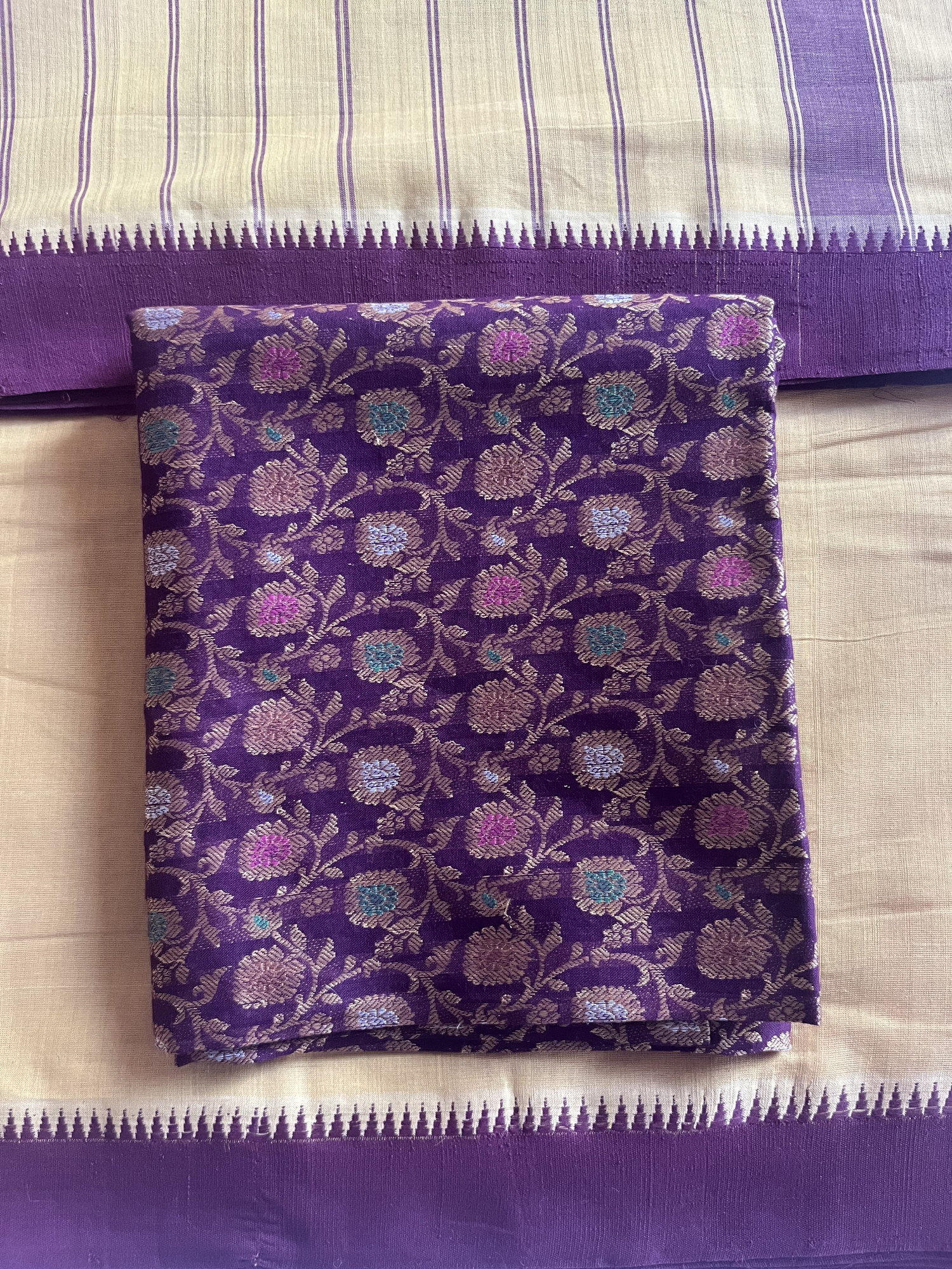 Andhra cotton handloom saree with floral cotton blouse piece
