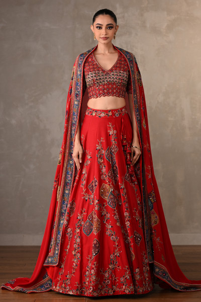 Red Silk Lehenga Set With Thread & Pearl Work