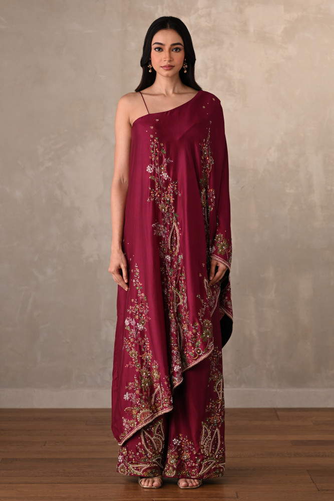 Red Silk One-Shoulder Kurta Set With Embroidered Sharara