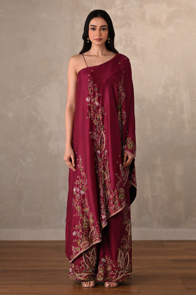 Red Silk One-Shoulder Kurta Set With Embroidered Sharara