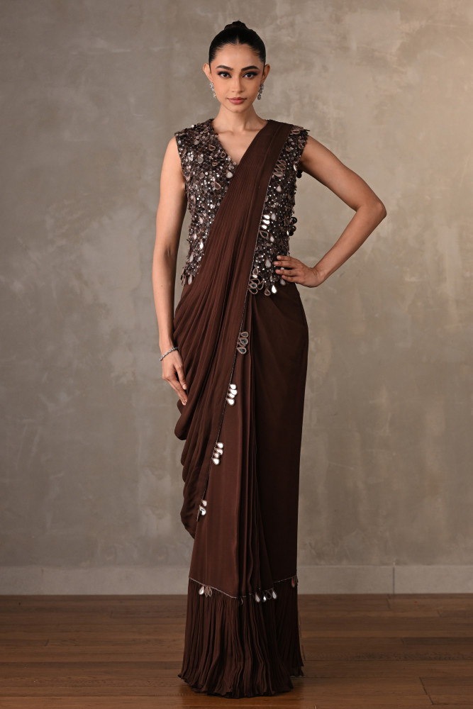 Brown Mirror Work Drape Saree