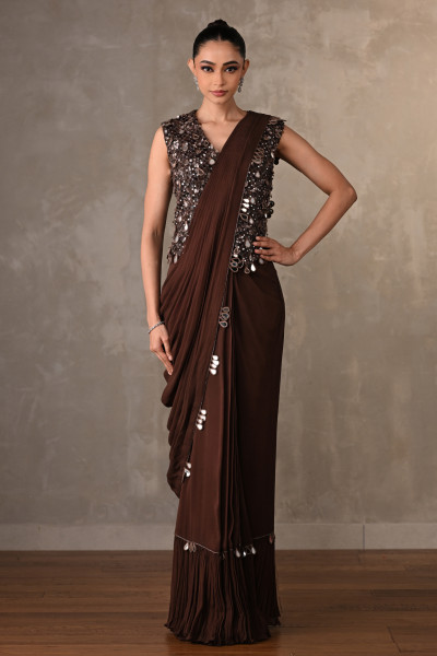 Brown Mirror Work Drape Saree