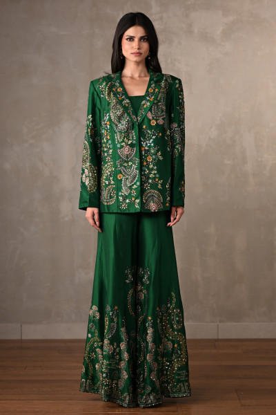 Green Silk Jacket And Sharara Set With Intricate Embroidery