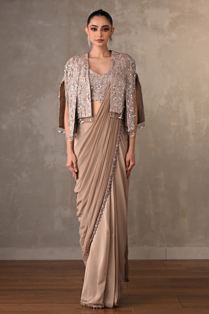 Tone-On-Tone Embroidered Drape Saree With Short Jacket