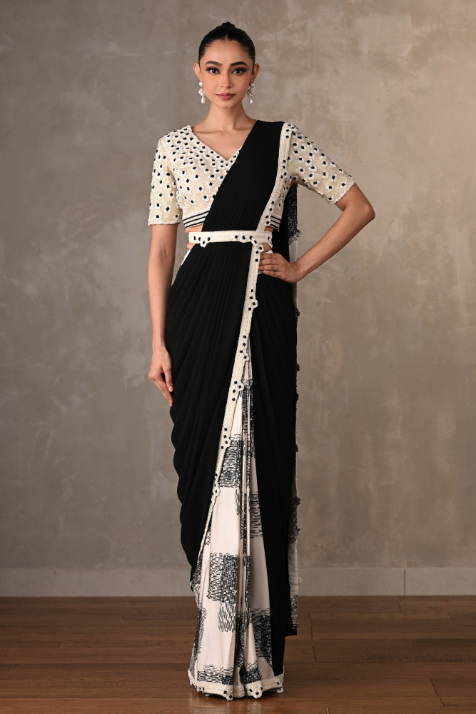 Off White-Black Contrast Floral Drape Saree
