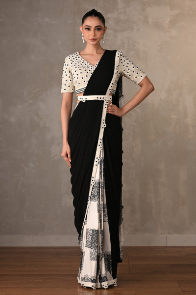 Off White-Black Contrast Floral Drape Saree