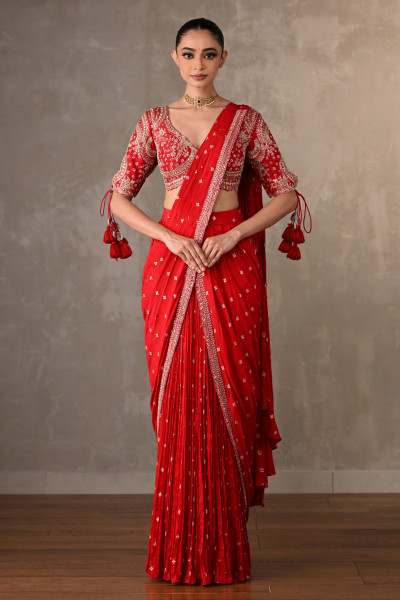 Zariya Red Embroidered Drape Saree