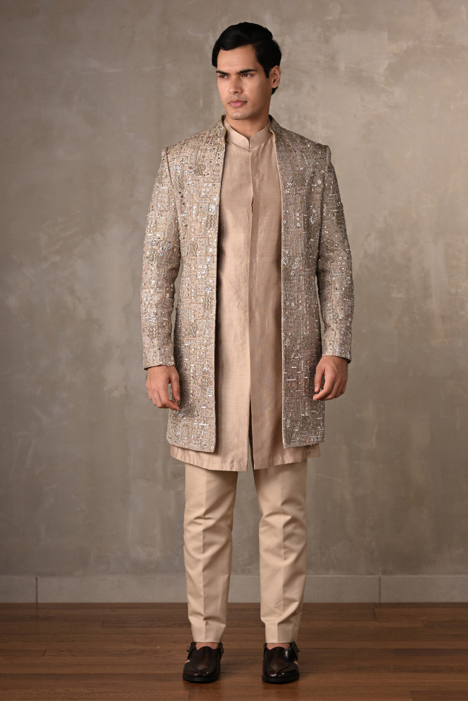 Beige Chanderi Open Jacket Sherwani with Kurta Set