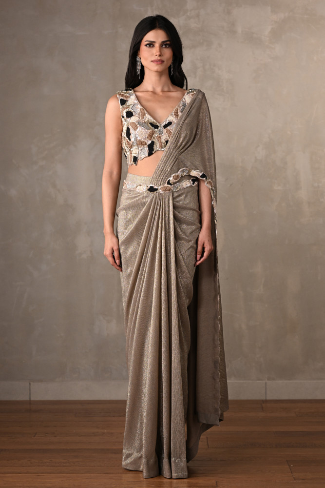 Dusty Grey Embellished Drape Saree Set