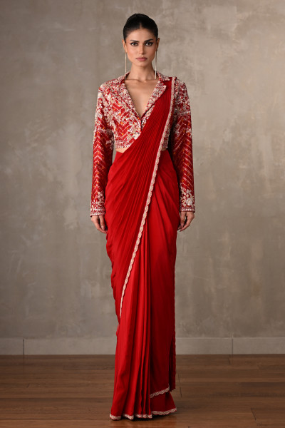 Red Embellished Crepe Drape Saree Set