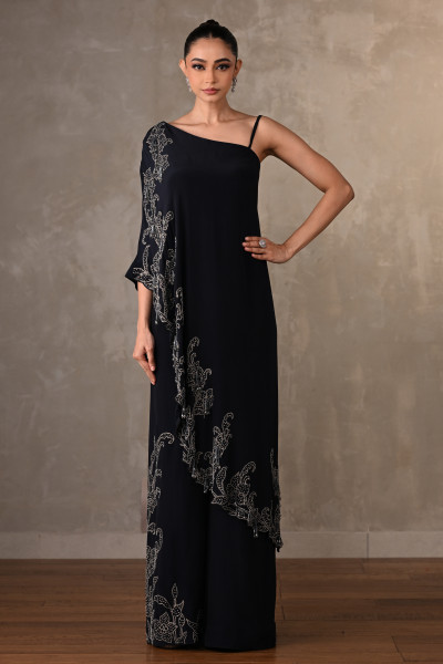 Noir One-Shoulder Crepe Kaftan Set