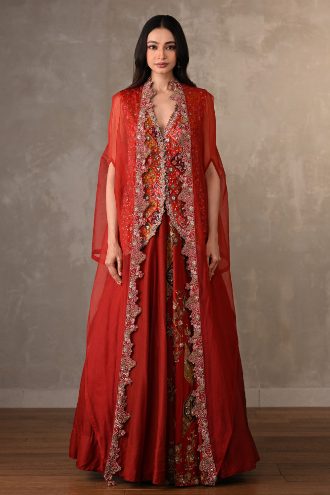 Red Multicolour Threadwork Embroidered Lehenga Set