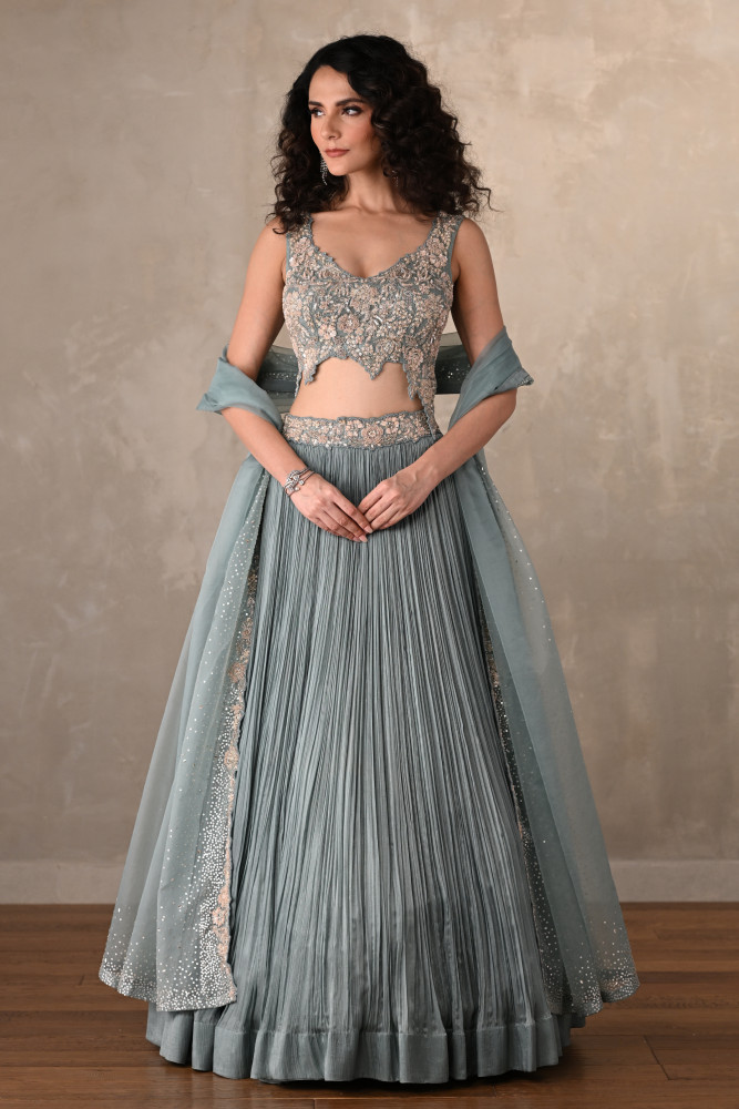 Sky Blue Celeste Satin Chiffon Lehenga Set