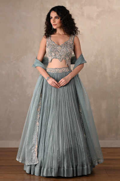 Sky Blue Celeste Satin Chiffon Lehenga Set