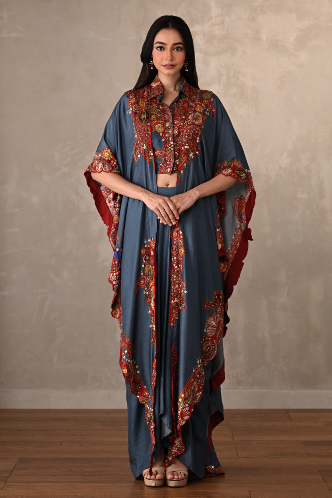 Blue Embroidered Kaftan Shirt & Drape Pant Co-Ord Set