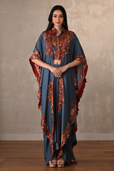 Blue Embroidered Kaftan Shirt & Drape Pant Co-Ord Set
