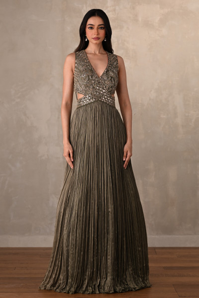 Moss Mirror Embroidered Pleated Gown