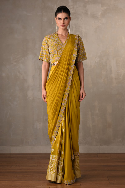 Yellow Embellished Crepe Drape Saree Set