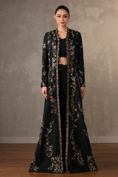 Midnight Garden Embroidered Silk Cape Set