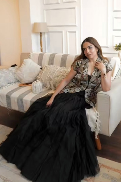Organza Black Lehenga and sleeveless jacket set