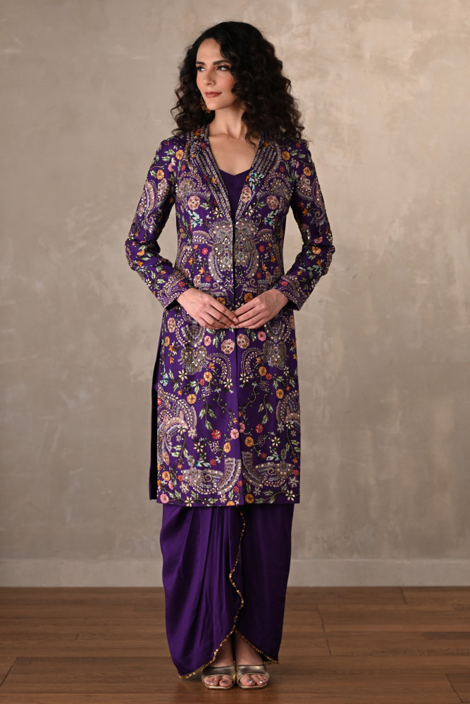 Royal Purple Silk Draped Skirt Set With Embroidered Long Jacket