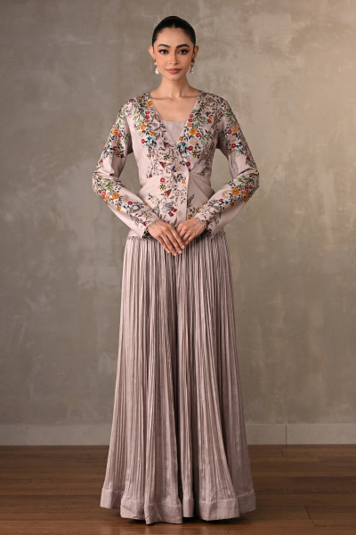 Mauve Bloom Embellished Jacket With Pleated Pants