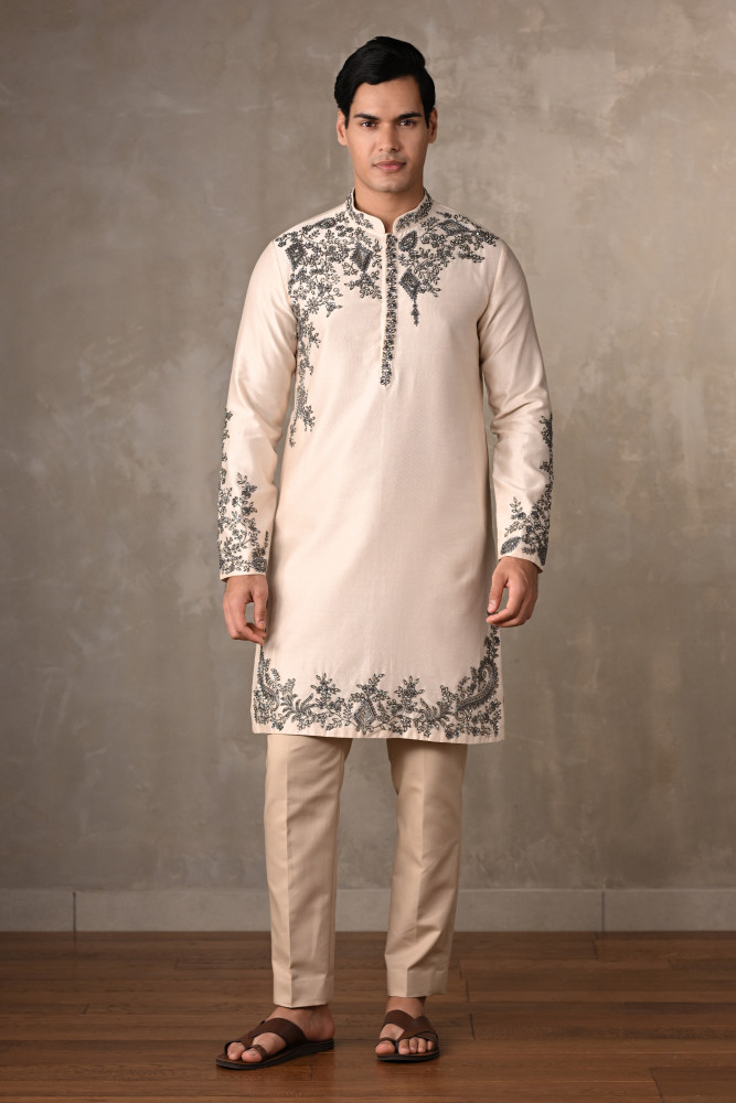 Ivory Chanderi Embroidered Kurta